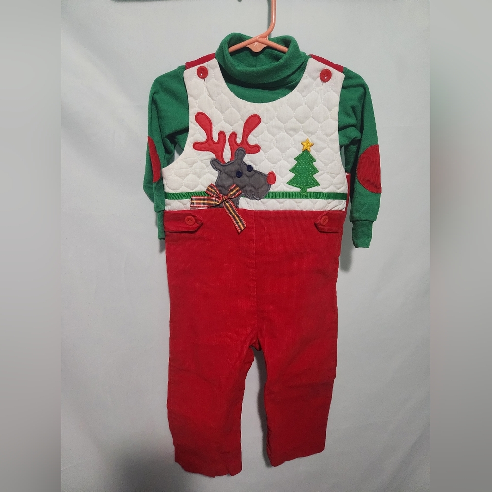 Vintage Heart's Designs Christmas Overalls W Reindeer & Shirt Set Size 24 Months